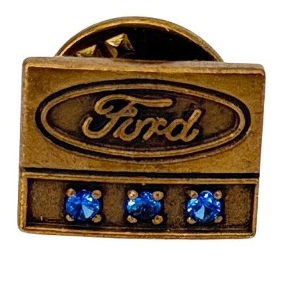 Ford Motor Lapel Pin Blue Rhinestone Accents Brass Tone Employee Service 15 Year